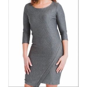 Renee C Gray Pinstripe Asymmetrical Hem 3/4 Sleeves Dress Size Small